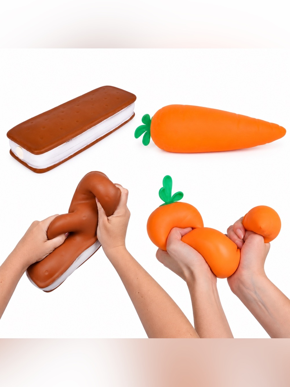 Kids Squishy Sensory Toys Set - Orange carrot & Brown ice cream sandwich